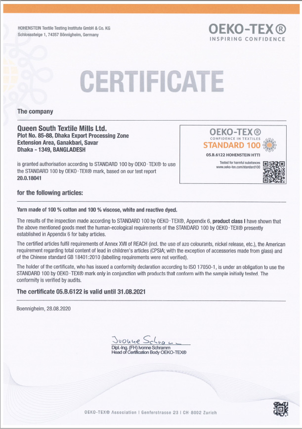 100 Cotton 100 Viscose Oeko-tex Certificate